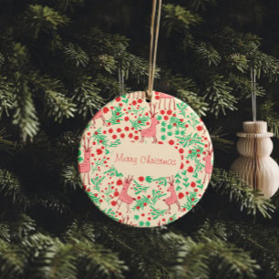 Whimsical Pink Reindeer and Winter Foliage Pattern Ceramic Tree Decoration
