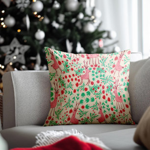 Whimsical Pink Reindeer and Winter Foliage Pattern Cushion