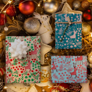 Whimsical Pink Reindeer and Winter Foliage Pattern Wrapping Paper Sheet