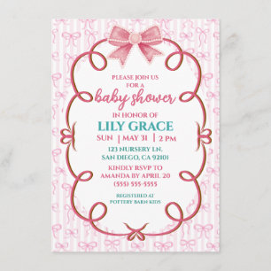 Whimsical Pink Ribbon & Pearl Baby Shower Enclosure Card