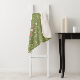 Whimsical Pink Robin & Garden Foliage Sherpa Blanket