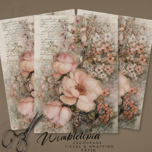 Whimsical Pink Rose And Poppy Decoupage Art Tissue Paper
