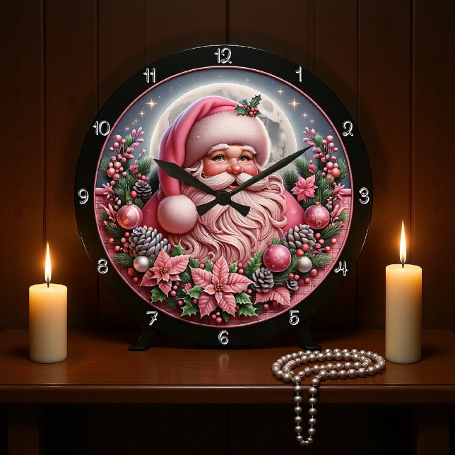 Whimsical Pink Santa Christmas Graphic Large Clock (Creator Uploaded)