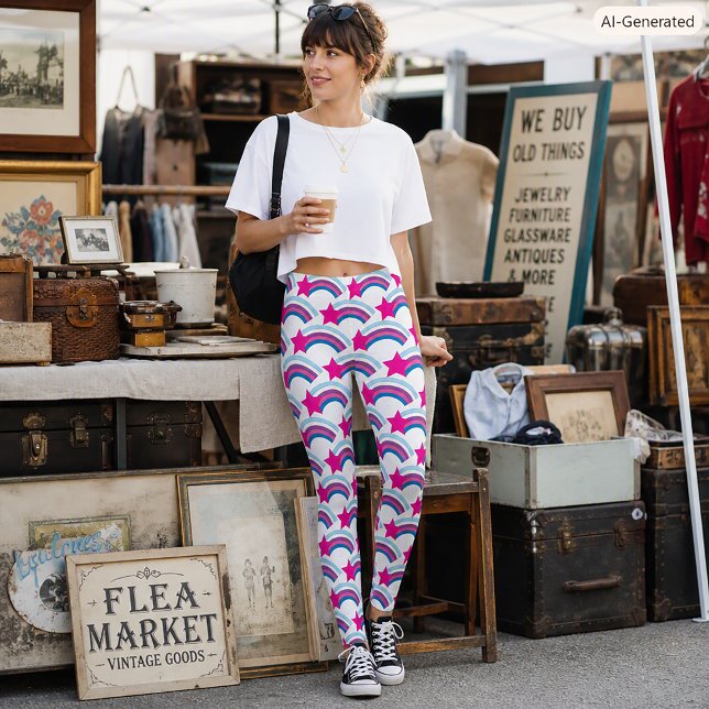 Whimsical Pink Shooting Star Rainbow Leggings (A pair of leggings with a pink star and rainbow pattern.)