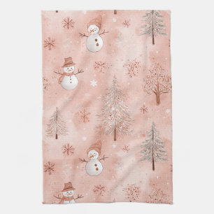 Whimsical Pink Snowman Christmas - Winter (1) Tea Towel