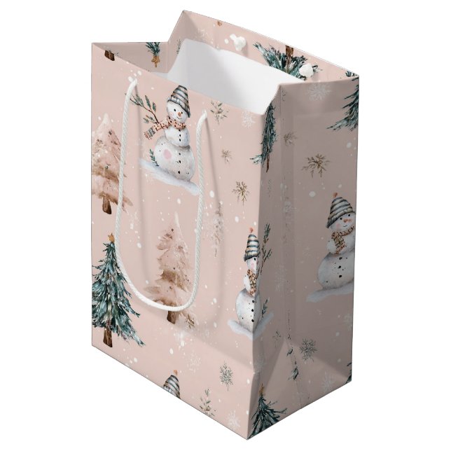 Whimsical Pink Snowman Christmas - Winter (2) Medium Gift Bag (Front Angled)