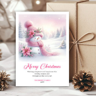 Whimsical Pink Snowman Editable Festive Scene Card
