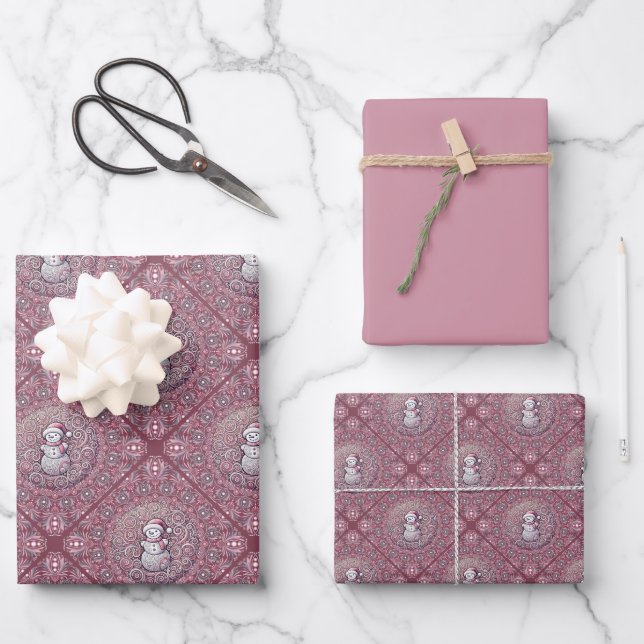 Whimsical Pink Snowman Mandala Geo Diamond Tile Wrapping Paper Sheet (Front)