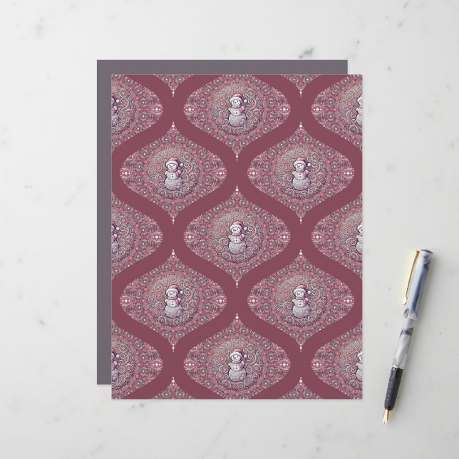 Whimsical Pink Snowman Mandala Ogee Scrapbook (Front/Back In Situ)