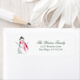 Whimsical Pink Snowman Watercolor Return Address