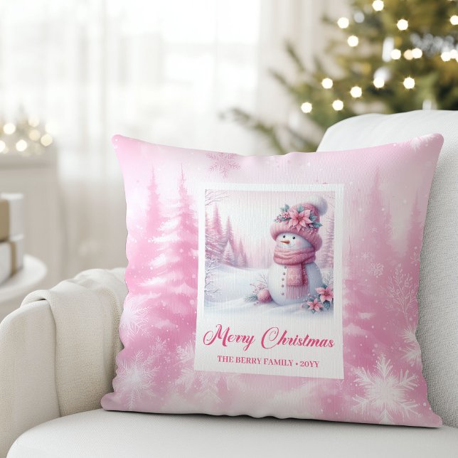 Whimsical Pink Snowman Winter Scene Pillow Gift (Whimsical Pink Snowman Winter Scene Pillow Gift)