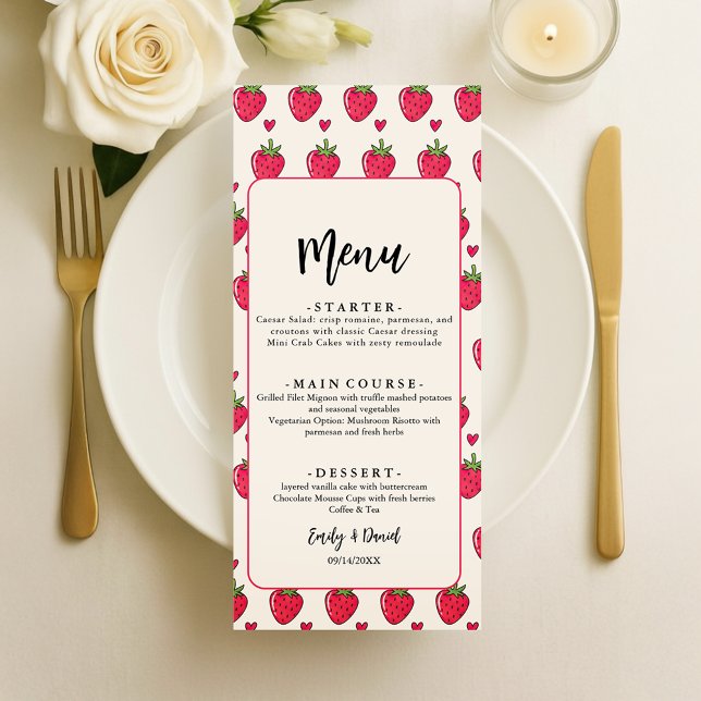 Whimsical Pink Strawberry Wedding Menu (Sweet strawberry wedding design for a fun romantic celebration)