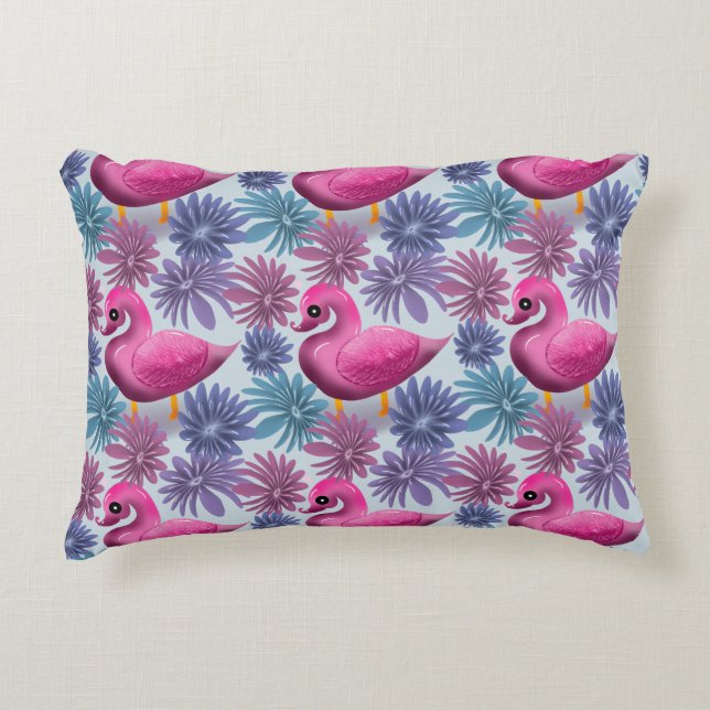 Whimsical Pink Swan: Pastel Floral Dream Pattern Decorative Cushion (Front)