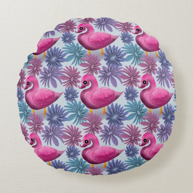 Whimsical Pink Swan: Pastel Floral Dream Pattern Round Cushion (Front)