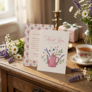 Whimsical Pink Teapot Wildflower Bridal Tea Party  Thank You Card