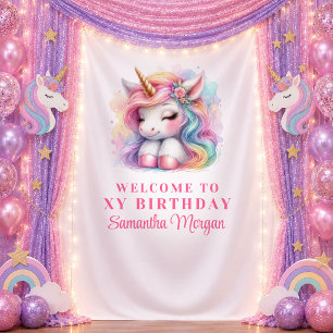 Whimsical Pink Unicorn Girl Birthday Banner Tapestry