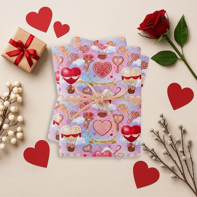 Whimsical Pink Valentine Heart Balloon Pattern Wrapping Paper Sheet (Creator Uploaded)