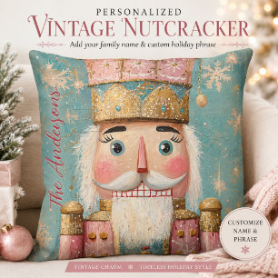 Whimsical Pink Vintage Nutcracker Holiday Cushion