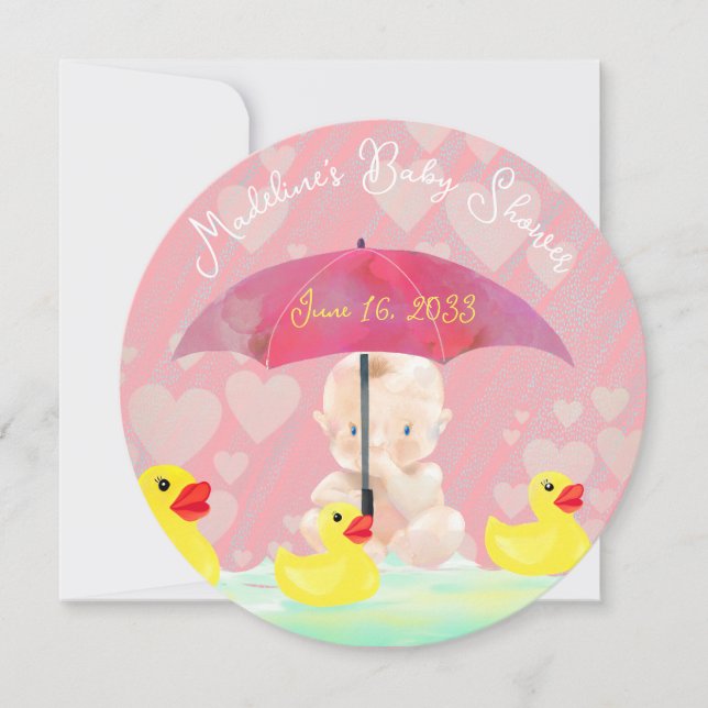 Whimsical Pink Vintage Umbrella Round Baby Shower Invitation (Front)