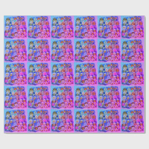 Whimsical Pink Violet Winter Village Folk Art Wrapping Paper