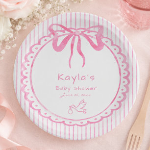 Whimsical Pink Watercolor Bow Stripe Baby Shower Paper Plate