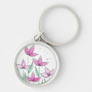 Whimsical Pink Watercolor Flowers Key Ring