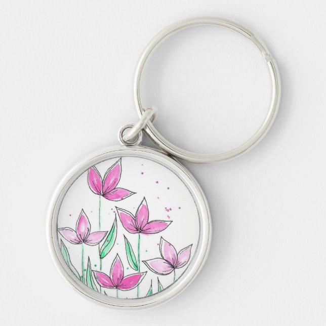 Whimsical Pink Watercolor Flowers Key Ring (Front)