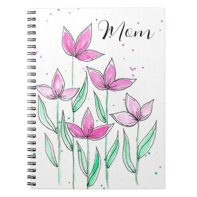 Whimsical Pink Watercolor Flowers Notebook (Front)