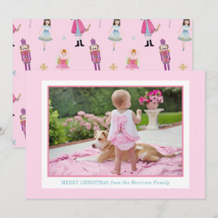 Whimsical Pink Watercolor Nutcracker Ballet Photo Holiday Card