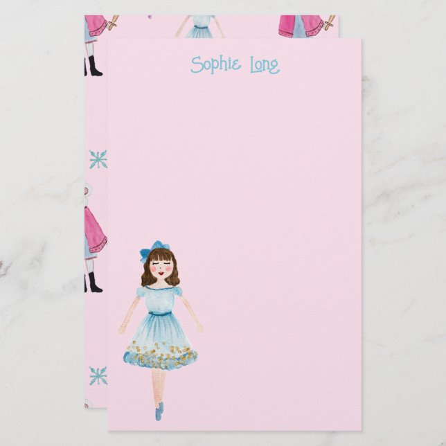 Whimsical Pink Watercolor Nutcracker Clara Stationery (Front/Back)