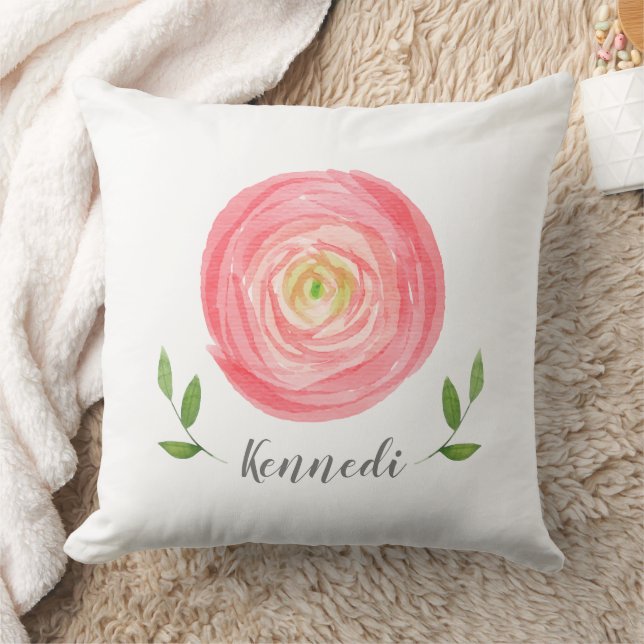 Whimsical Pink Watercolor Rose With Name Cushion (Blanket)