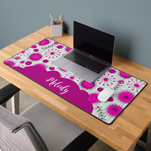 Whimsical pink white hearts flowers floral name desk mat