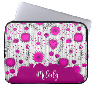 Whimsical pink white hearts flowers floral name laptop sleeve