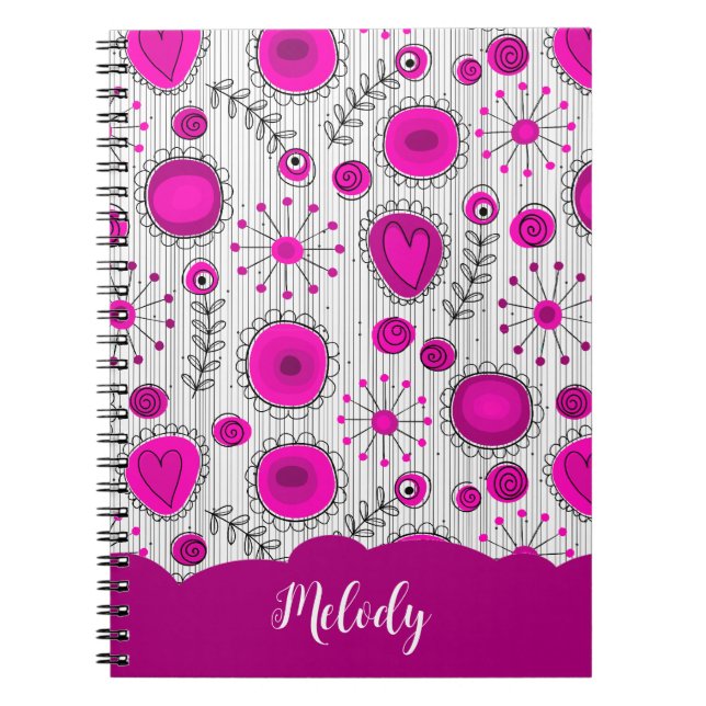 Whimsical pink white hearts flowers floral name notebook (Front)