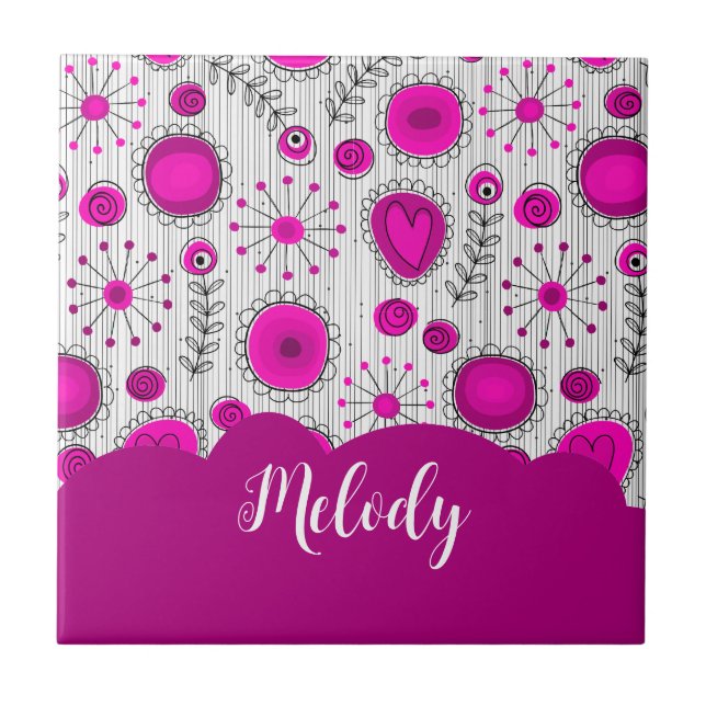 Whimsical pink white hearts flowers floral name tile (Front)