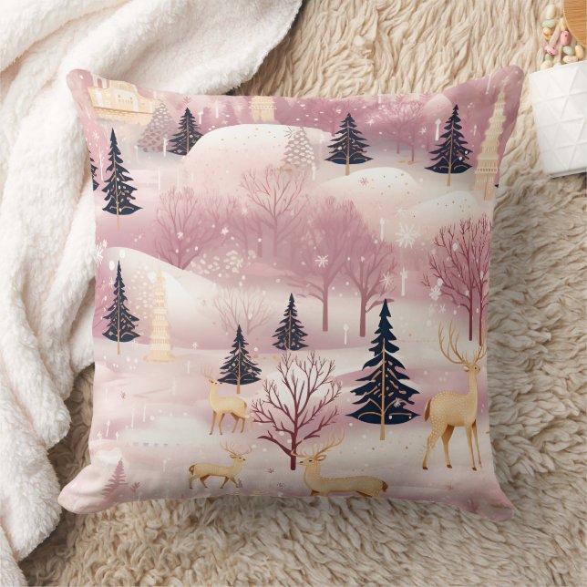 Whimsical Pink Winter Landscape (1) Cushion (Blanket)