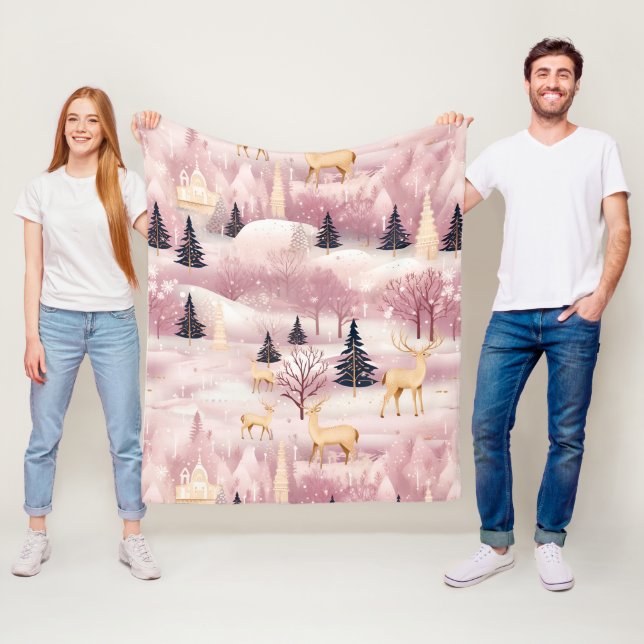 Whimsical Pink Winter Landscape (1) Fleece Blanket (In Situ)