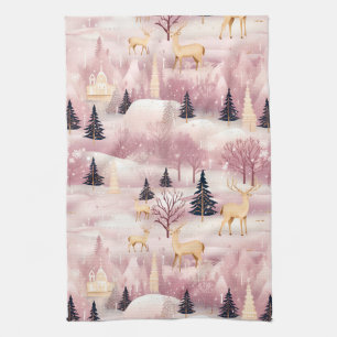 Whimsical Pink Winter Landscape (1) Tea Towel