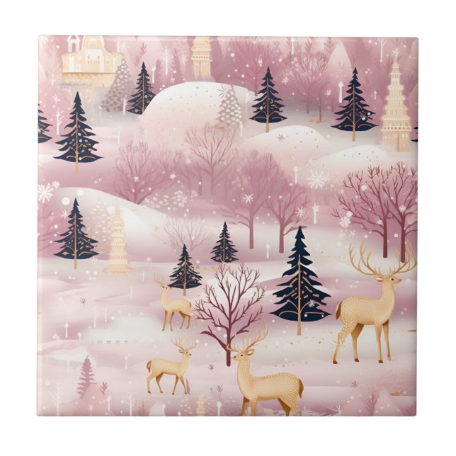 Whimsical Pink Winter Landscape (1) Tile (Front)