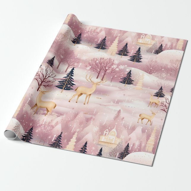 Whimsical Pink Winter Landscape (1) Wrapping Paper (Unrolled)