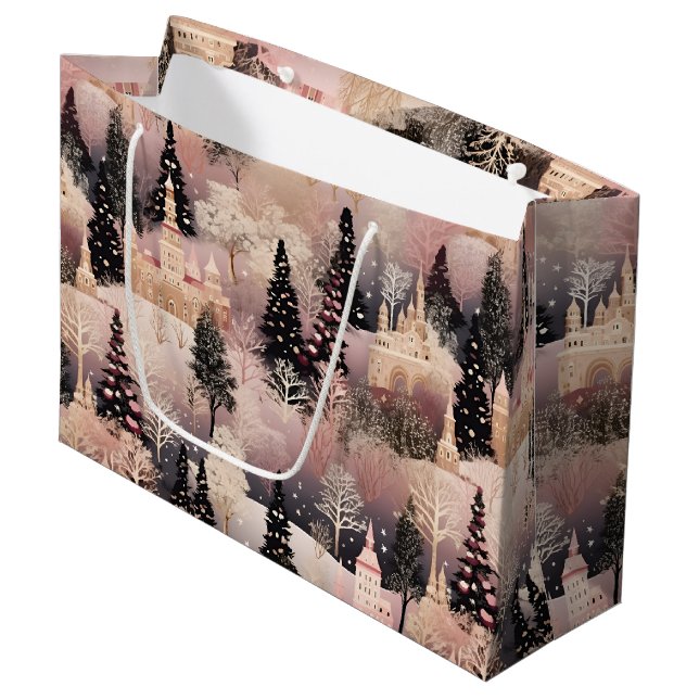 Whimsical Pink Winter Landscape (2) Large Gift Bag (Front Angled)