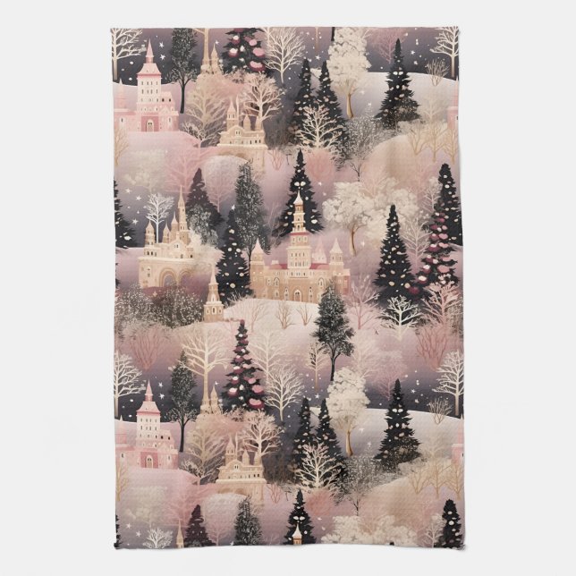 Whimsical Pink Winter Landscape (2) Tea Towel (Vertical)