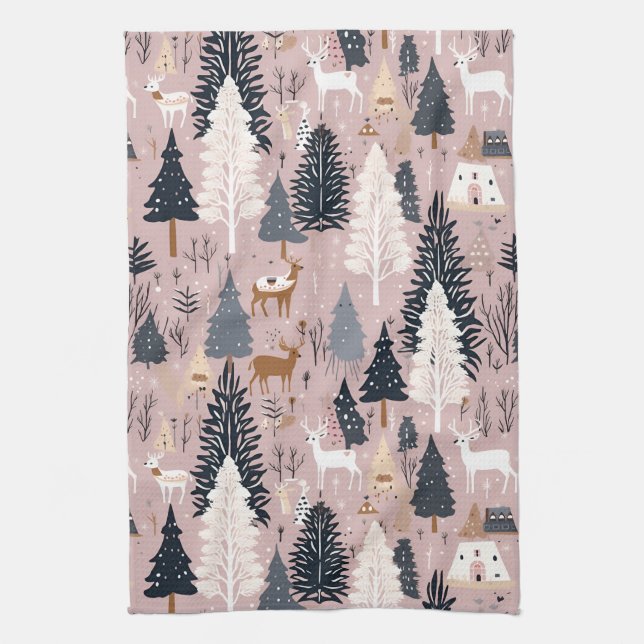 Whimsical Pink Winter Landscape (3) Tea Towel (Vertical)