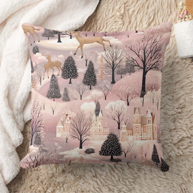 Whimsical Pink Winter Landscape (4) Cushion (Blanket)