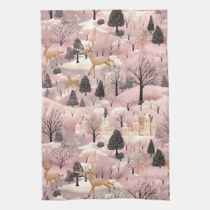 Whimsical Pink Winter Landscape (4) Tea Towel