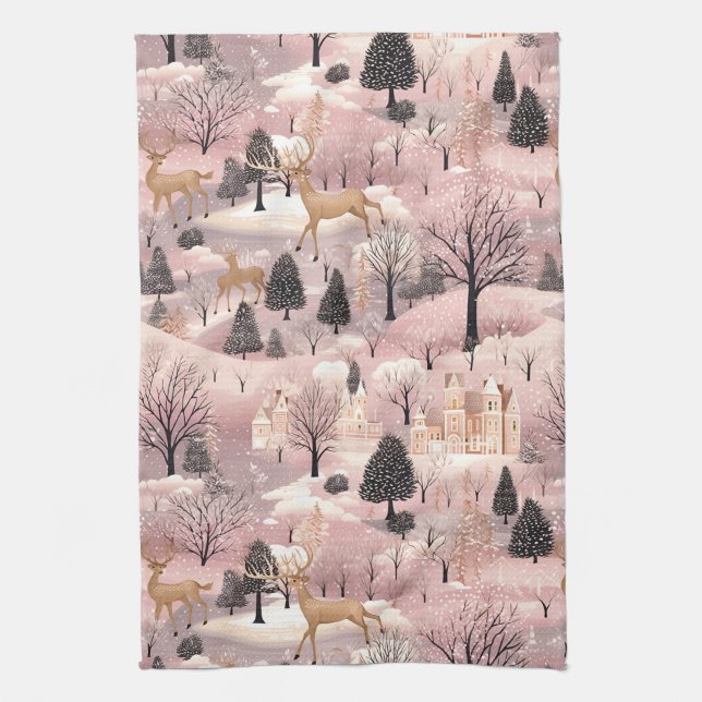 Whimsical Pink Winter Landscape (4) Tea Towel (Vertical)