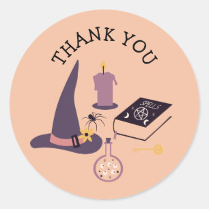 Whimsical pink witch themed classic round sticker