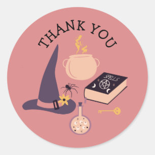 Whimsical pink witch themed classic round sticker