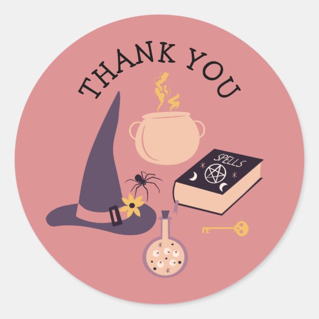 Whimsical pink witch themed classic round sticker (Front)