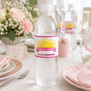 Whimsical Pink Yellow Little Sunshine Baby Shower Water Bottle Label